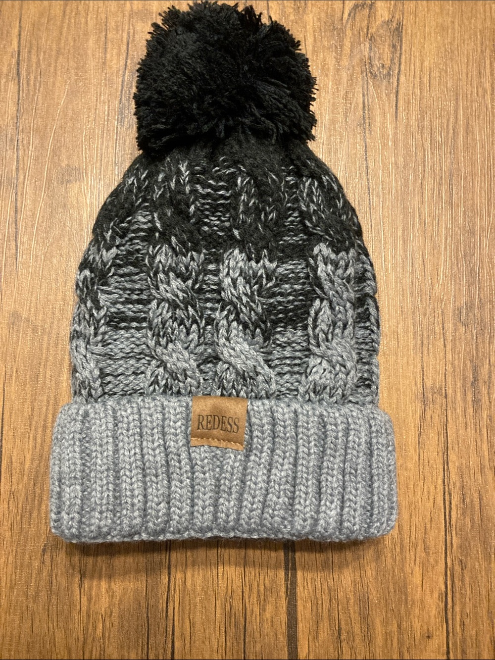 Ombre Gray & Black Cable Knit Pom Beanie